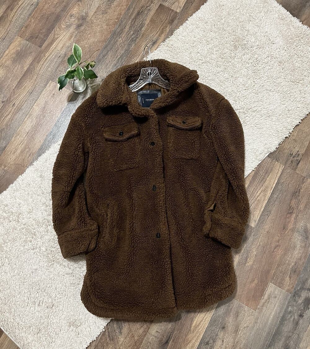 Lucky Brand XS Brown Teddy Sherpa Longline Faux Fur Button Front Jacket Coat